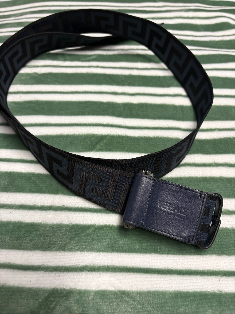 Versace Navy and Black Greek Key Webbing Belt